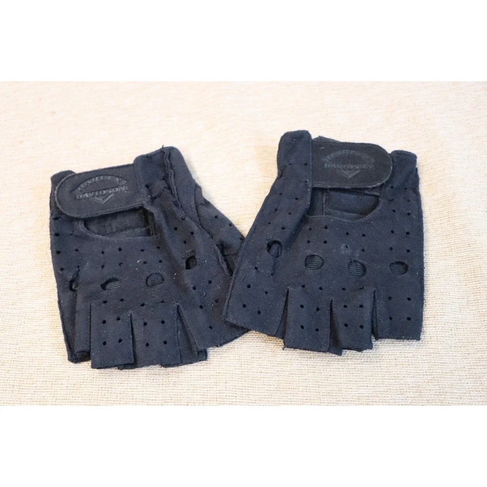 Harley Davidson Fingerless Gloves Black Faux Suede Size S Perforated Top of Hand - Picture 6 of 9